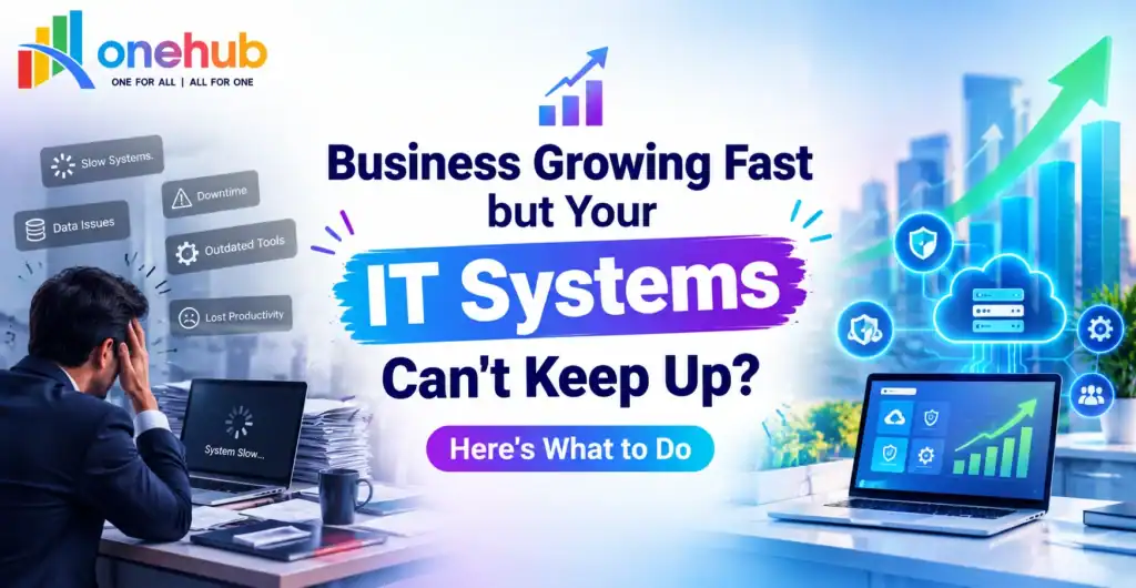 OneHub blog banner showing a growing business struggling with outdated IT systems, contrasted with modern cloud technology, automation, analytics, and rising business growth