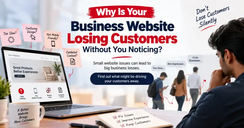 Why Is Your Business Website Losing Customers Without You Noticing? – a business website showing issues like slow loading, confusing design, poor mobile usability, broken links, and outdated content that may drive customers away.