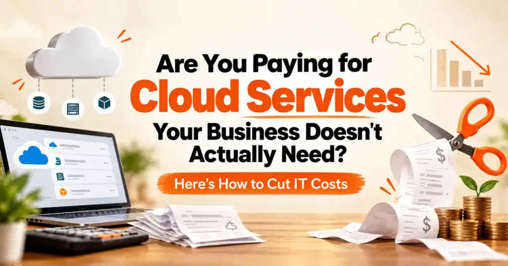 Cloud services cost reduction infographic showing a laptop, cloud storage, bills, scissors, and savings chart, with the headline “Are You Paying for Cloud Services Your Business Doesn’t Actually Need? Here’s How to Cut IT Costs.”