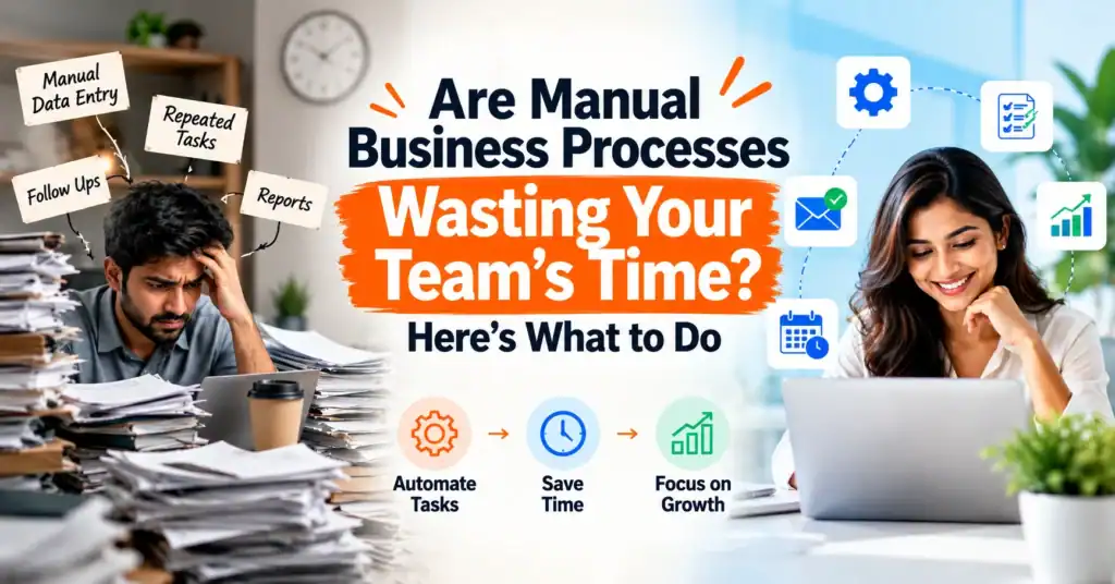 Manual business processes infographic showing a stressed employee handling paperwork and repetitive tasks alongside a professional using automation tools to save time and improve productivity.