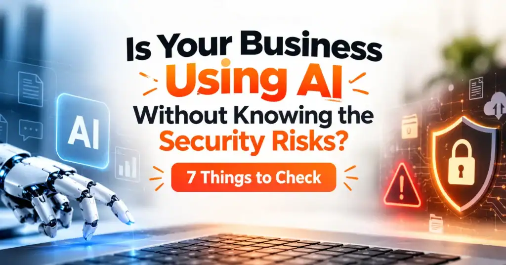AI security risks for businesses, showing a robot hand, laptop, warning symbol, and digital shield with a lock.