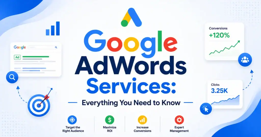 Google AdWords Services: Everything You Need to Know blog banner with Google Ads branding, PPC analytics, conversion charts, and digital marketing icons.