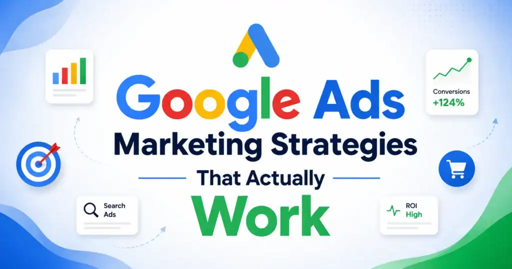 **Google Ads Marketing Strategies That Actually Work** with Google Ads logo, analytics icons, and a modern digital marketing background.